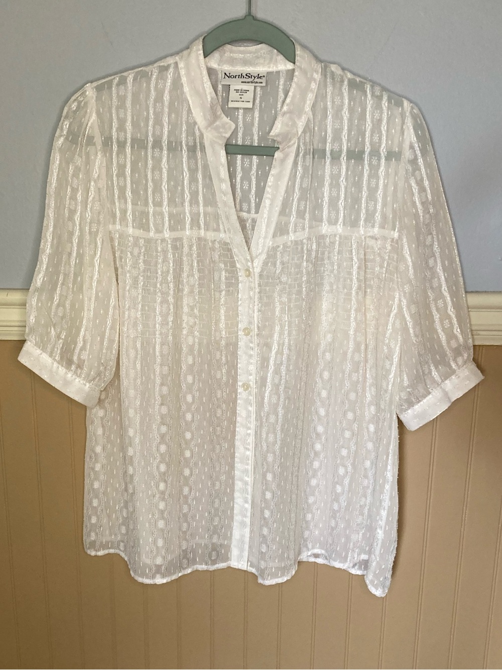 NorthStyle White Textured Dobby Dot Blouse - Sheer Button-Down Shirt